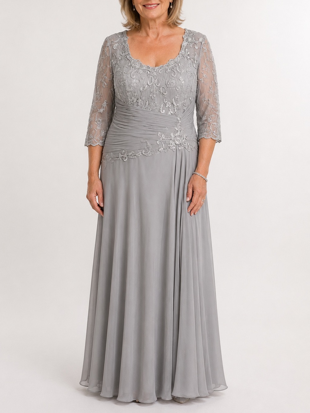 MGNY Grey Scoop Beaded Neckline lace bodice formal gown size 14
